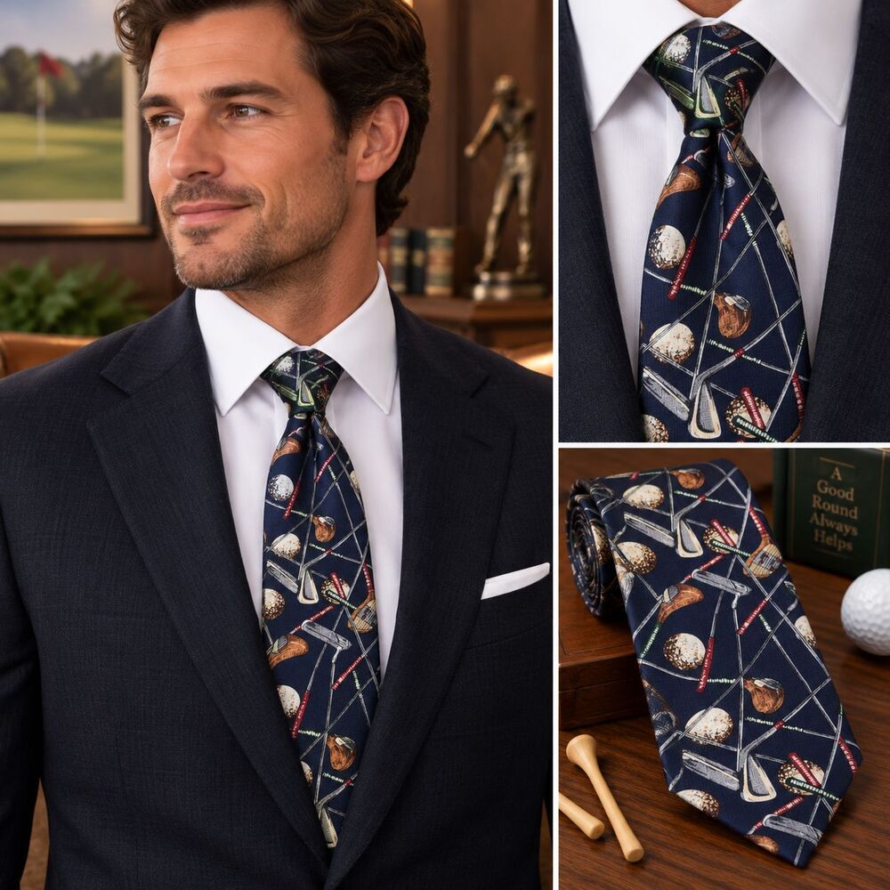 FN Tie Mens One Size Blue Silk Golf Clubs Balls Jacquard Necktie Sports